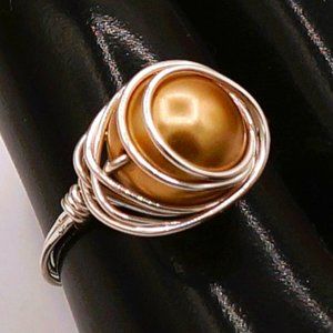 Faux Glass Golden Pearl Silver Tone Wrapped Vintage Ring Size 7.5